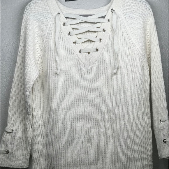 Cream Lace Up Rib Oversized Knit Sweater - Picture 9 of 11
